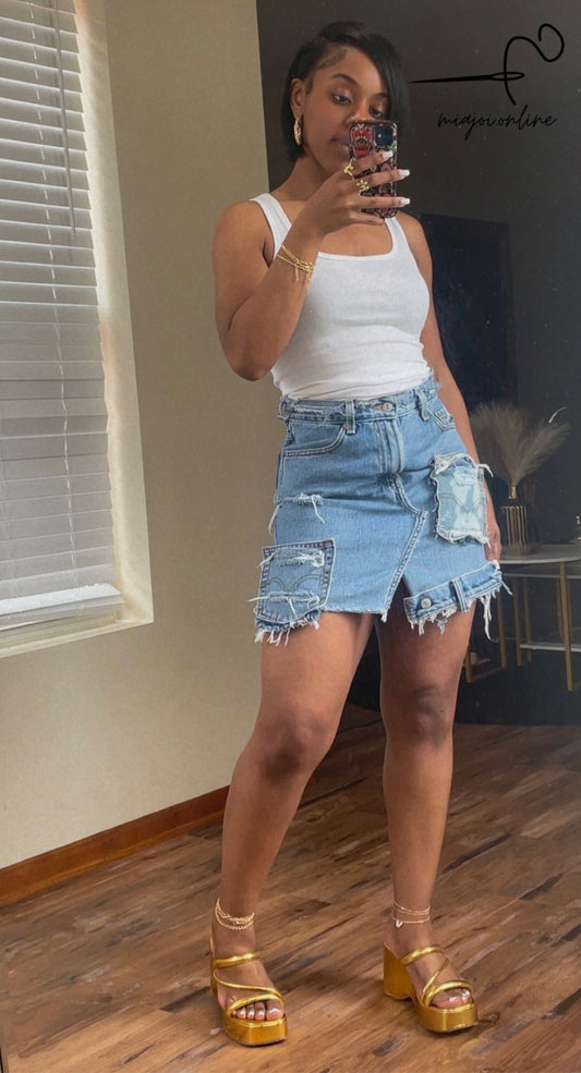 Patchwork Distressed Denim Skirt